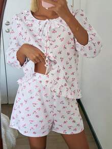 DAZY Conjunto de pijama de mujer con volantes en el bajo y estampado floral diminuto de verano - Blanco - Ver 4