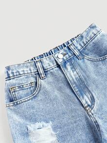 SHEIN 少女蓝色破洞宽松牛仔裤 - 淺色水洗藍 - 查看 3