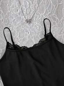 少女休闲日常通勤简约纯黑色蕾丝修身短款吊带背心，夏季度假 - 黑色 - 查看 3