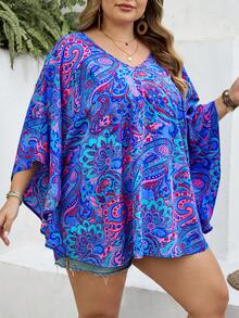 SHEIN CURVE+ Áo kiểu dáng ôm vừa vặn, size US22, thích hợp cho lễ hội âm nhạc, kỳ nghỉ bên bờ biển, phong cách Bohemia, cổ chữ V, tay bồng, dáng rộng, thích hợp cho kỳ nghỉ hè, áo kiểu Bohemia. - Nhiều màu - Xem 5