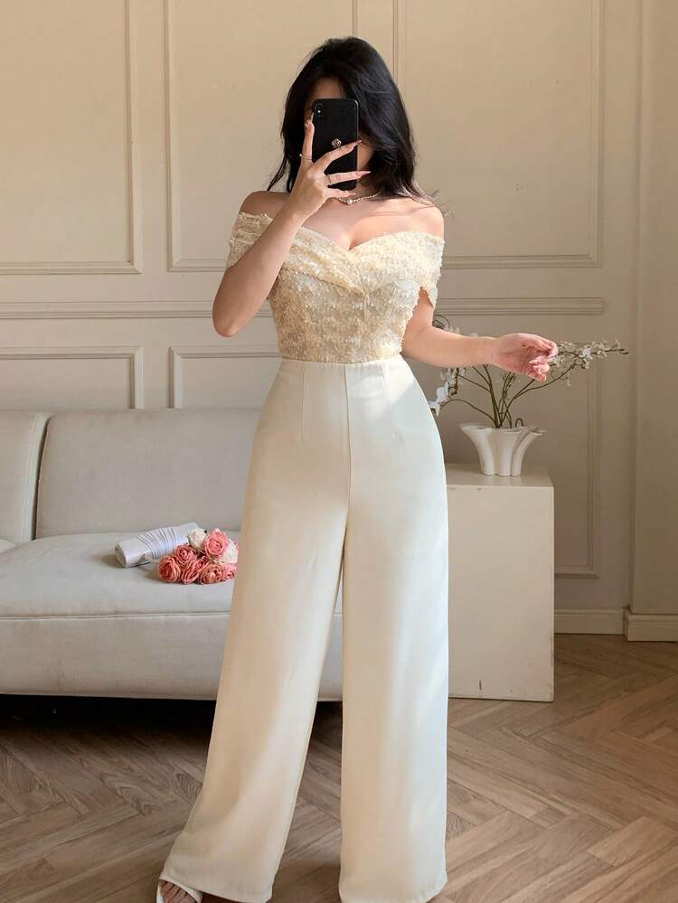 DAZY Mono elegante de mujer con parches de lentejuelas y hombros descubiertos, de pierna ancha, para verano - Beis - Añade 9