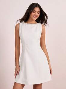 Enchnt Pearl Embellished Waist A-Line Elegant Evening Dress For Women - White - View 1