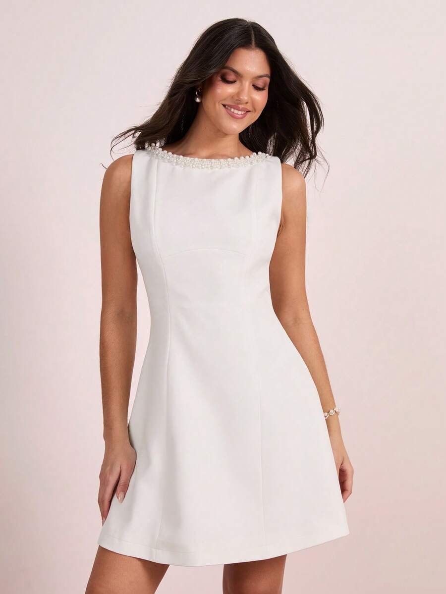 Enchnt Pearl Embellished Waist A-Line Elegant Evening Dress For Women - White - View 1