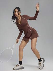 Innovista Women's Long Sleeve Tennis Dress With Shorts - Brown - View 7