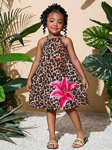 SHEIN 女童豹纹编织套头无袖休闲连衣裙 - 卡其色 - 查看 7