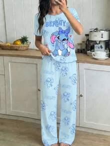 Genkimix Kids Tween Girls 1 Set Pajamas, Blue Round Neck Short Sleeve T-Shirt With Cute Rabbit Print, Contrast Trim, Matched With All-Over Rabbit Print Pants, Casual Loungewear Set - Blue - View 1