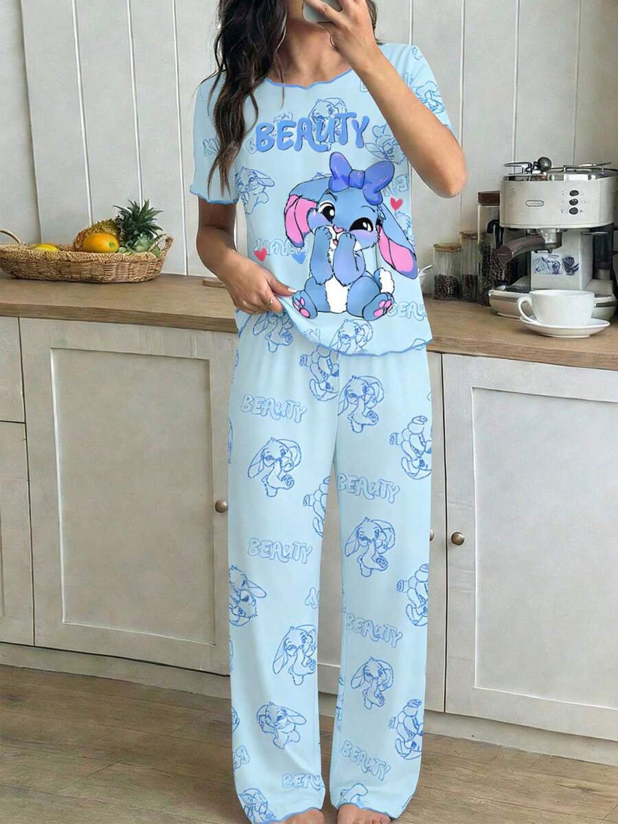 Genkimix Kids Tween Girls 1 Set Pajamas, Blue Round Neck Short Sleeve T-Shirt With Cute Rabbit Print, Contrast Trim, Matched With All-Over Rabbit Print Pants, Casual Loungewear Set - Blue - View 1