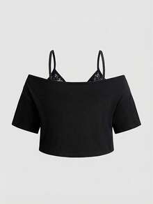 ROMWE Fairycore Talla grande Camiseta de manga corta 2 en 1 con estampado de setas y ranas, verde militar - Negro - Ver 2