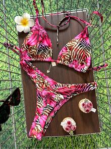 Swim Vcay New Leopard Print Halter Backless Top And Side Tie High Cut Thong Bikini 2-Piece Swimwear Set For Women, Beach Holiday - Multicolor - View 1