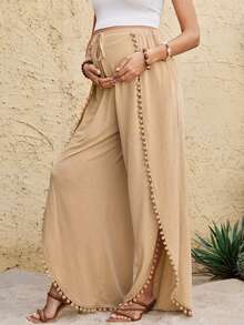 Boho Mama Pantalon ample à jambes larges, style décontracté de vacances pour femmes enceintes, avec garniture de pompons de couleur unie - Kaki - Voir 5