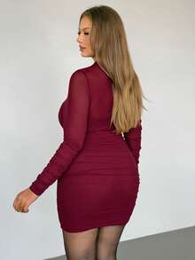 Auralis Plus Size Women Burgundy Elegant Long Sleeve Pleated Fitted Dress,Autumn Solid Color Night Out Club Party Graduation Wedding Guest Casual Vacation - Burgundy - View 4