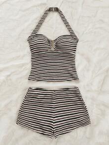 Conjunto Casual de 2 Piezas para Mujer : Top Halter con Volantes a Rayas y Pantalones Cortos - Marrón 2 - Ver 4