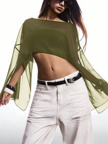 SHEIN EZwear Women's Solid Color Boat Neck Mesh Cropped Cape Sheer Blouse,Summer Top - Army Green - View 4
