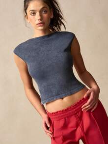 VARSIVA Women's Ribbed Knit Backless Fitted Cropped Sports T-Shirt - Black - View 4