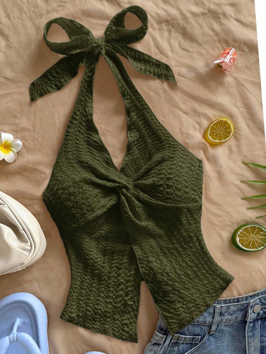 Soleia Áo nữ màu trơn buộc dây cổ, hở lưng, xoắn nhún, gợi cảm, đa năng, thích hợp cho hẹn hò, dự tiệc. - xanh quân đội - Xem 1