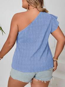 SHEIN VCAY 大码女式度假纯色单肩短袖时尚上衣 - 藍色 - 查看 2