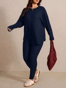 SHEIN Cottnline Plus Size Comfortable Knitted Ribbed 2 Pieces Set - Navy Blue - View 1
