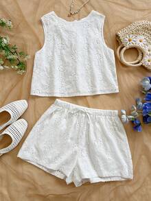 SHEIN WYWH Women's Vacation Casual Loose Backless Textured Fabric A-Line Tank Top, Elastic Waist Relaxed Shorts With Pockets, Suitable For Beach & Seaside - White - View 6