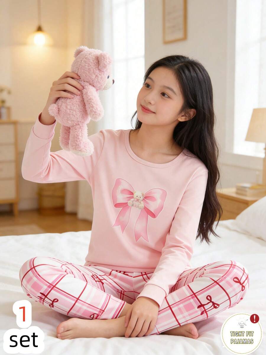 SHEIN Tween Girl Bow Print Long Sleeve Top And Plaid Leggings Pajama Set  Snug Fit Bow Pjs - Multicolor - View 1