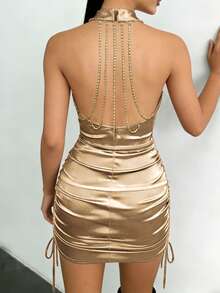Zyxie Women's Fashion Sexy Chain Decor Side Drawstring Backless Mini Dress - Champagne - View 2