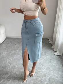 Selianne 女士休闲水洗牛仔工装裙 - 藍色 - 查看 4