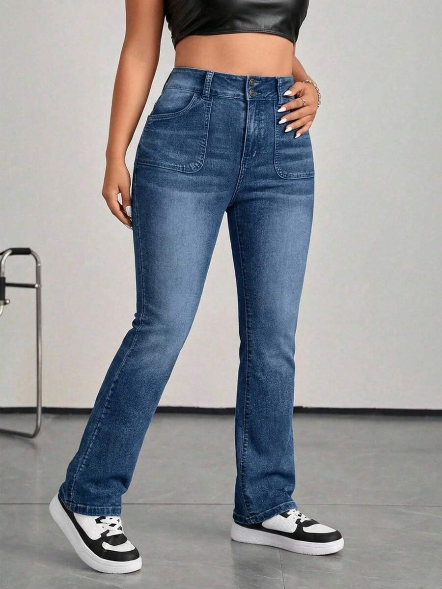 Jeans casuales y versátiles de talla grande para mujer con cierre de botones y ajuste ceñido - Azul lavado oscuro - Ver 1
