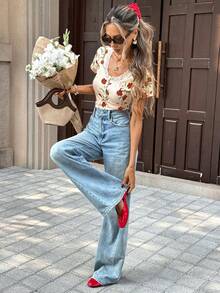 Pariaura Women's New Lace Trim Collar Button Front Fitted Short Printed Top - Apricot - View 1