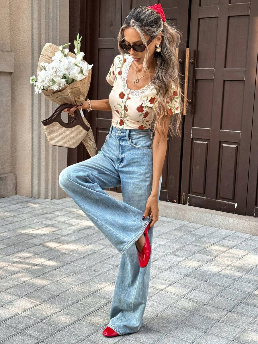 Pariaura Women's New Lace Trim Collar Button Front Fitted Short Printed Top - Apricot - View 1