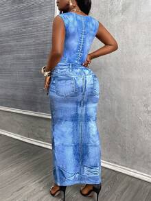 Lureya Women's Fashion Denim Print Round Neck Sleeveless Mid-Length Belted Bodycon Dress, Charming & Sexy, Casual For Daily, Party, Gathering, Spring/Summer - Multicolor - View 2