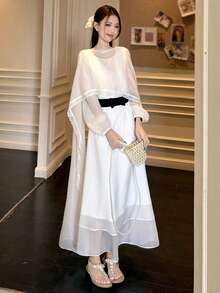 DAZY 少女束腰网纱披肩带连衣裙，优雅连衣裙 - 白色 - 查看 1