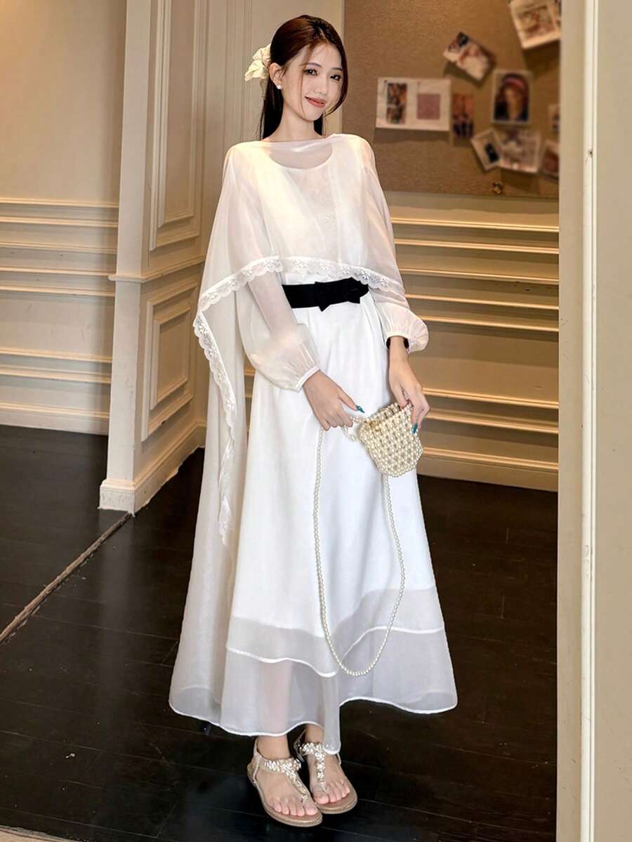 DAZY 少女束腰网纱披肩带连衣裙，优雅连衣裙 - 白色 - 查看 1