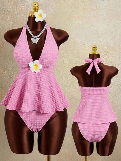 Zestiva Women's 3D Floral Decor Textured Spaghetti Strap Tie Strap Cute Minimalist Camisole And Bikini Two Pieces Set, Suitable For Beach Party And Vacation