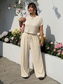 GalTyme 大码纯色圆领短袖上衣和斜插口袋休闲裤两件套 - 杏色 - 查看 5