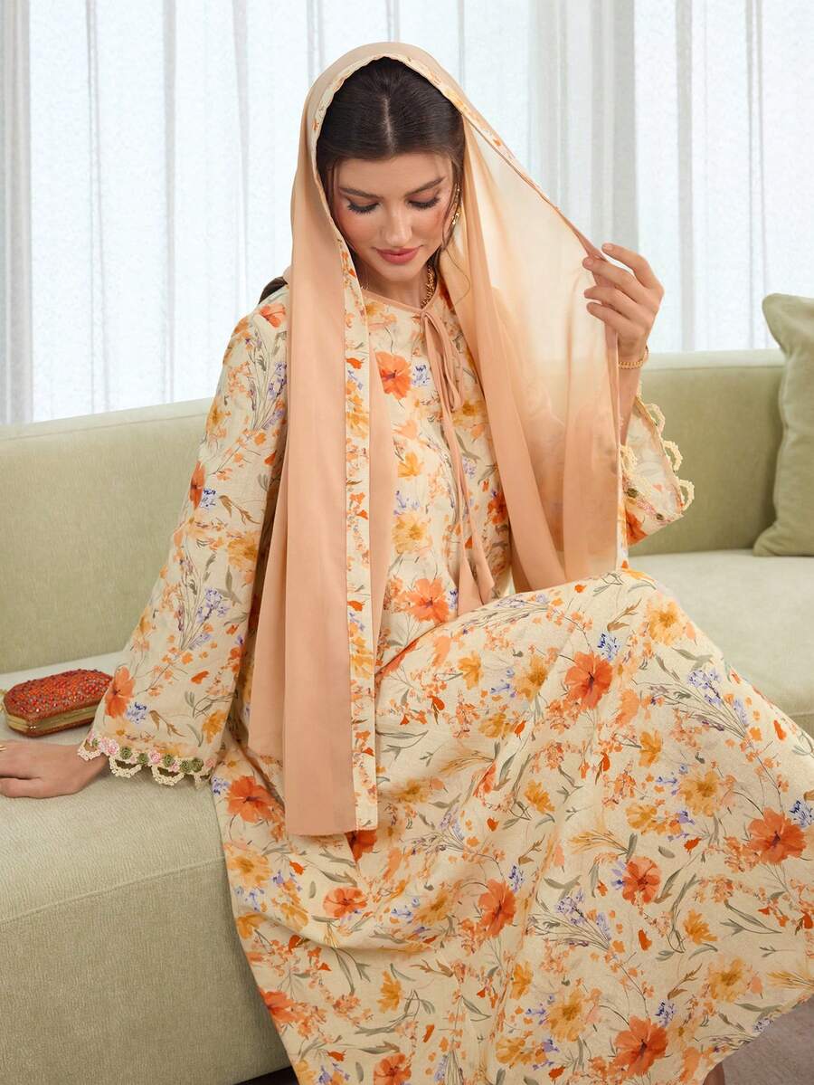 Al Najma Đầm dài tay cổ thuyền kiểu dáng thường ngày, thích hợp cho kỳ nghỉ, kèm khăn trùm đầu, mùa xuân/hè. - Nhiều màu - Xem 1