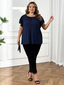 SHEIN CURVE+ 大码女式早春蓝色花瓣袖衬衫 - 藏蓝色 - 查看 4