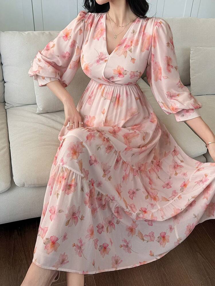 V-Neck Pink Ditsy Floral Lantern Sleeve Cinched Waist A-Line Long Dress For Women Sundress Boho