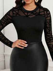 SHEIN Lady Women's Elegant Mesh Patchwork Crew Neck Fitted Long Sleeve T-Shirt, Autumn Weddings & Events Wedding Luxury Evening Dresses For Weddings Graduation Ceremony Party Graduation Dress Black Top Black Blouse Spring Summer - Black - View 7