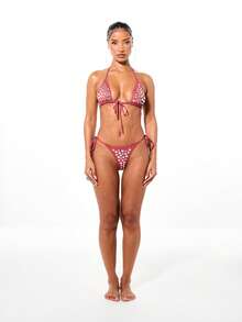 SUMWON WOMEN Women's Triangle Bikini Set With Silver Stud Detail Front Tie Halter Top And Matching String Bottom Summer Beach Swimwear - Red - View 3