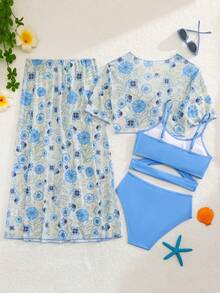 SHEIN 4pcs Tween Girl Blue Floral Mesh Solid Color Swimwear Set,Modest Summer Beach Holiday Resort Wear Three Pieces Swim Suit With Long Cover Up Skirt - Blue - View 1