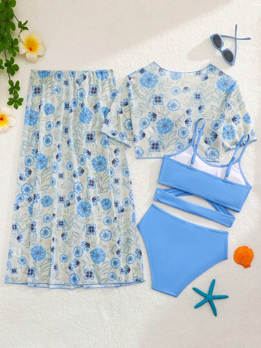 SHEIN 4pcs Tween Girl Blue Floral Mesh Solid Color Swimwear Set,Modest Summer Beach Holiday Resort Wear Three Pieces Swim Suit With Long Cover Up Skirt - Blue - View 1
