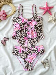 SHEIN Tween Girls Leopard Print 3D Tankini Top,Cute Pink Cheetah Bathing Suit,Mommy And Me Swimwear,Beige Summer Beach Holiday,Holiday Swim Suits For Girls - Pink - View 1