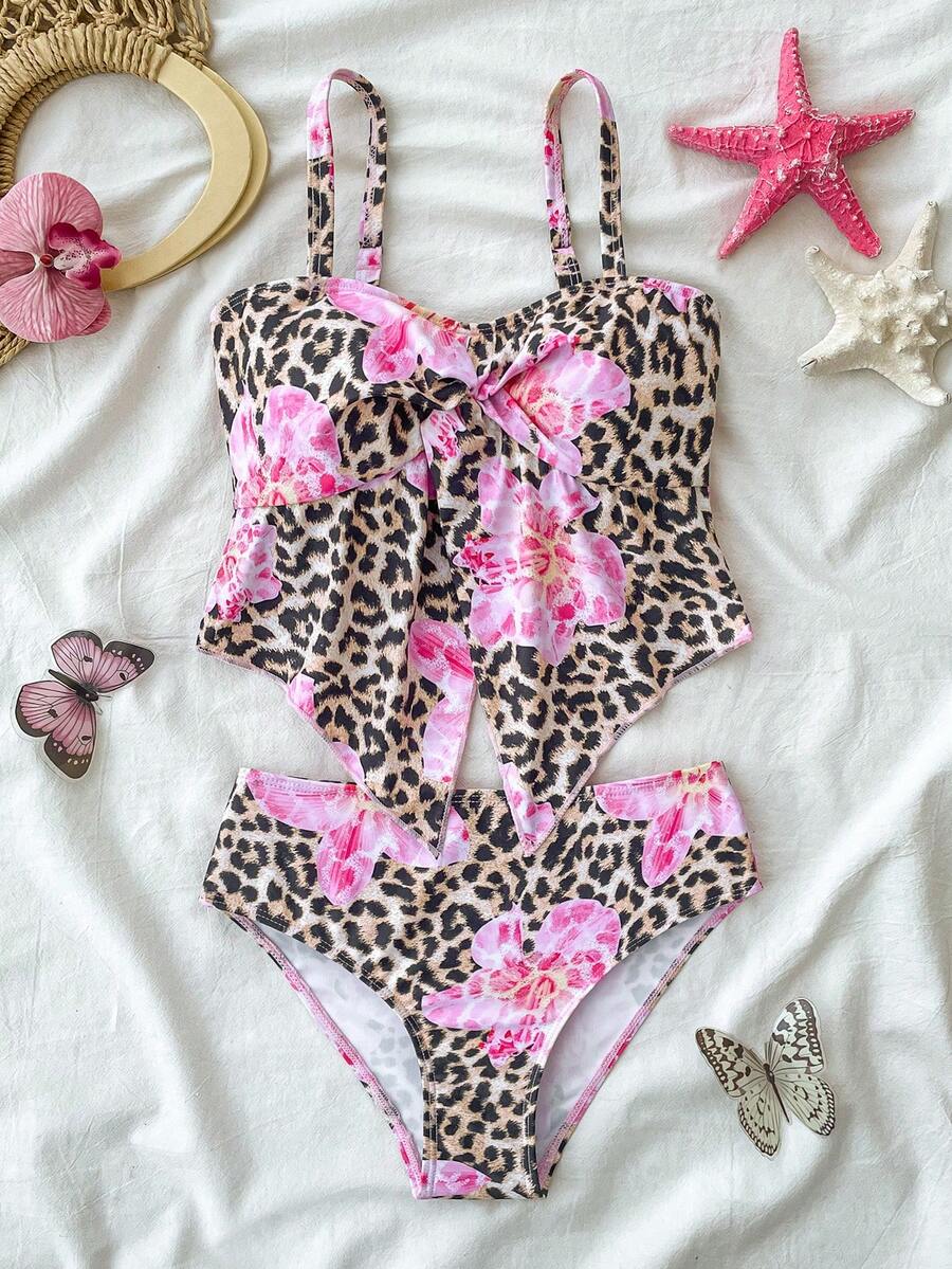 SHEIN Tween Girls Leopard Print 3D Tankini Top,Cute Pink Cheetah Bathing Suit,Mommy And Me Swimwear,Beige Summer Beach Holiday,Holiday Swim Suits For Girls - Pink - View 1