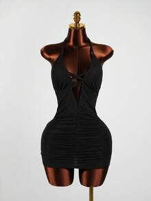 SaltGleam SaltGleam Đầm ôm sát gợi cảm hở lưng, buộc dây phía trước dành cho nữ, màu trơn tối giản, thích hợp cho kỳ nghỉ biển. - màu đen - Xem 6