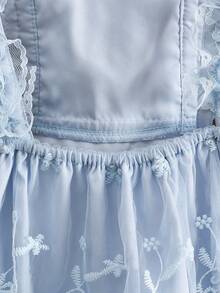SHEIN Vintaside Kids Girls Baby Floral Embroidery Mesh Overlay Ruffle Trim Bodysuit - Blue - View 3