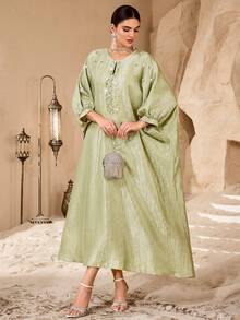 SHEIN Najma 极简主义电脑串珠装饰女式宽松时尚连衣裙 - 綠色 - 查看 3