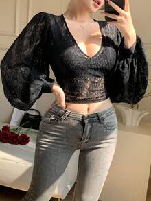 DAZY Women's Elegant Lace V-Neck Blouse, Spring/Summer Long Sleeve Tops Women - Black - View 7