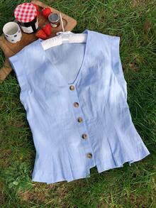 Comfortcana 女士夏季休闲通勤简约纯色V领荷叶边下摆腰部衬衫 - 藍色 - 查看 5