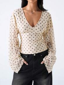 LYSMO 女士波点印花V领修身休闲长袖上衣 - 淡黃色 - 查看 3