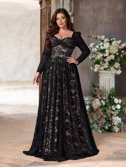 Aureia 大码优雅浪漫黑色蕾丝心形领薄纱长袖不规则腰线褶皱A字裙摆连衣裙，适合晚宴、约会、舞会、度假、婚礼、音乐节、正式晚会等场合。