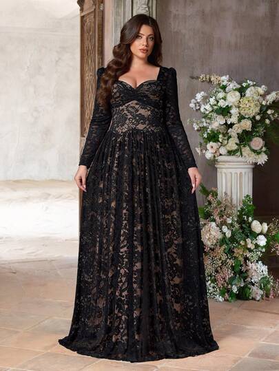 Aureia 大码优雅浪漫黑色蕾丝心形领薄纱长袖不规则腰线褶皱A字裙摆连衣裙，适合晚宴、约会、舞会、度假、婚礼、音乐节、正式晚会等场合。